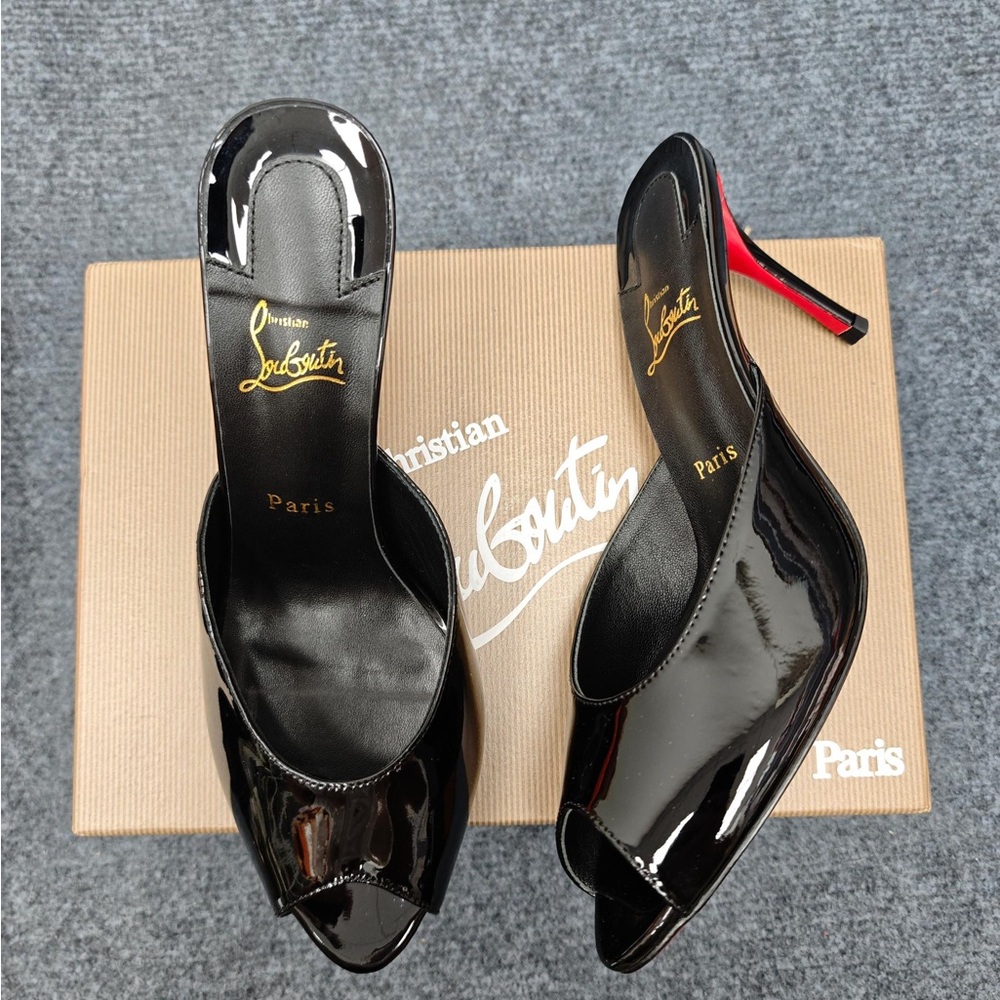 Glossy Patent Red Bottom Black Peep-Toe Heels